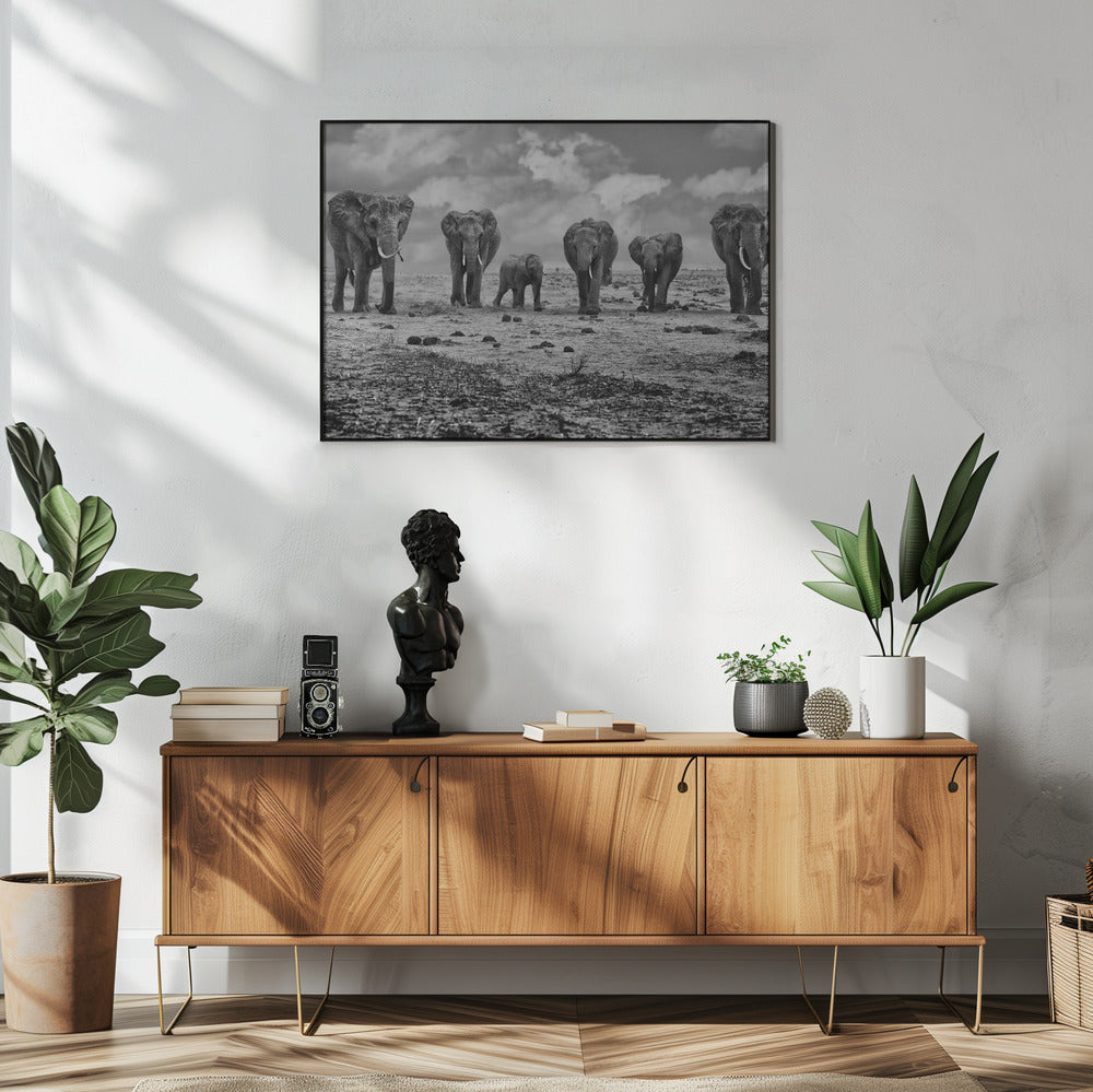 Artwork Big Family. Elephants48X36inches- White Frame