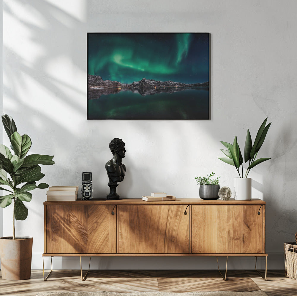 Lofoten Aurora Reflection Wall Artwork In White Floating Frame