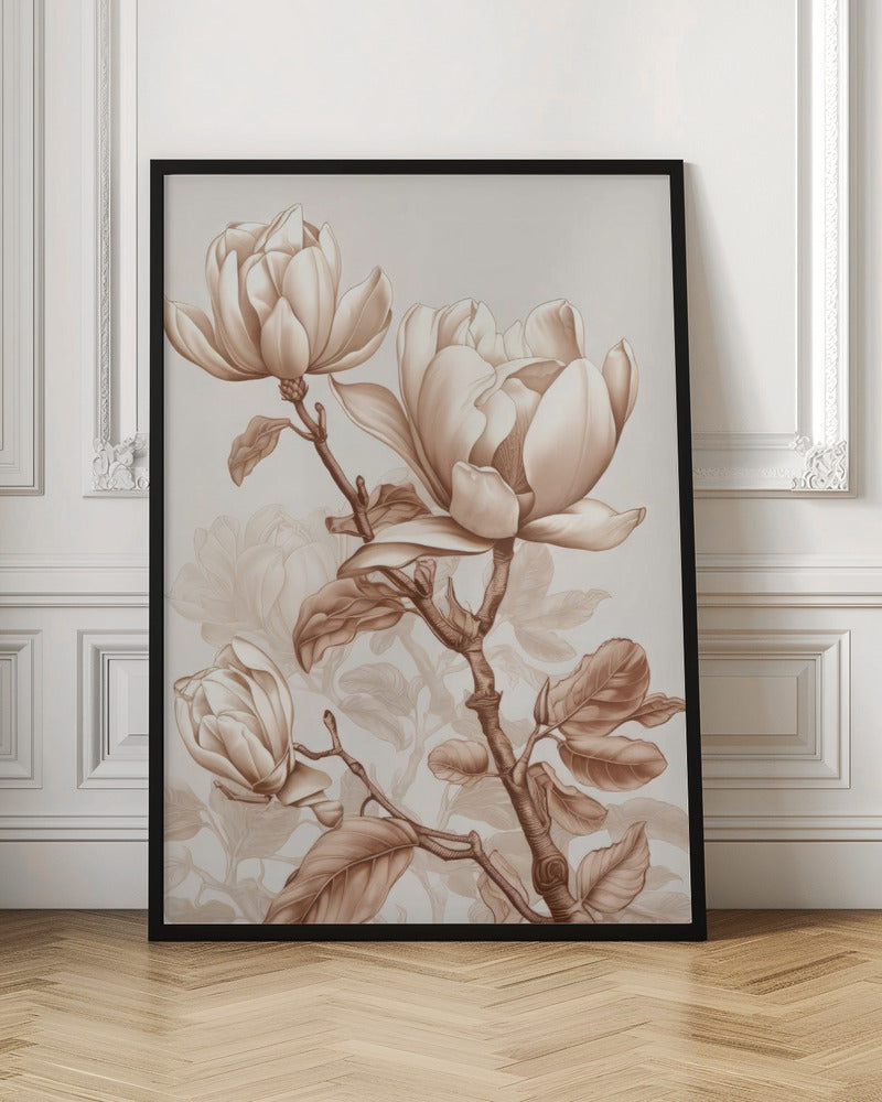 Beige Flowers 3 Wall Artwork In Black Floating Frame