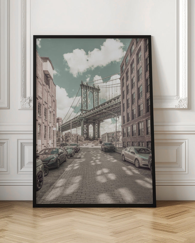 NEW YORK CITY Manhattan Bridge | urban vintage style Wall Artwork In Black Floating Frame