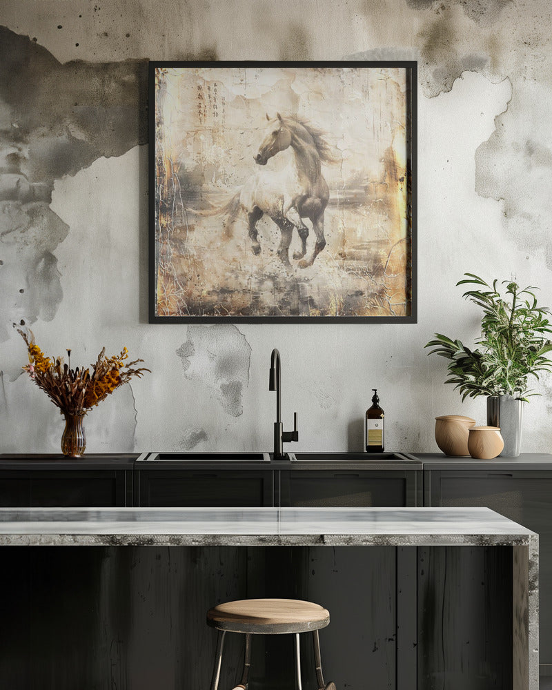 Sample white horses with dusty effect and black frame
