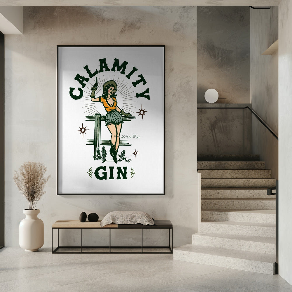 Calamity Gin Funny Retro Western Cowgirl Art Wall Artwork In White Floating Frame