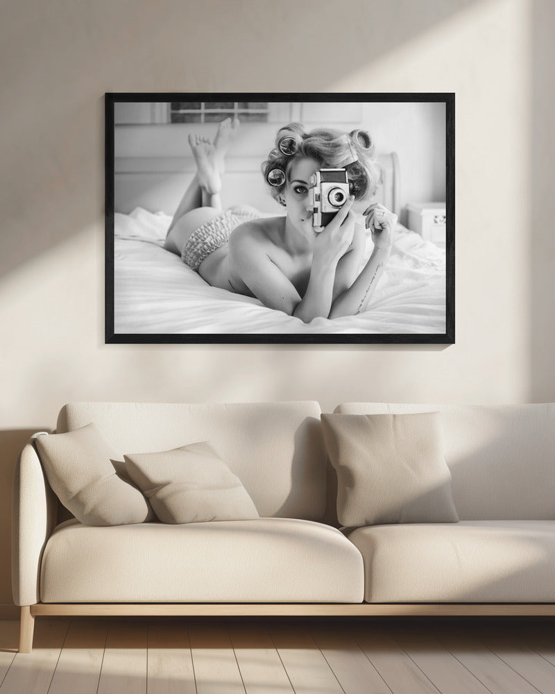 Artwork- A chick, a click, and a curl-48X36inches-In White Floating Frame