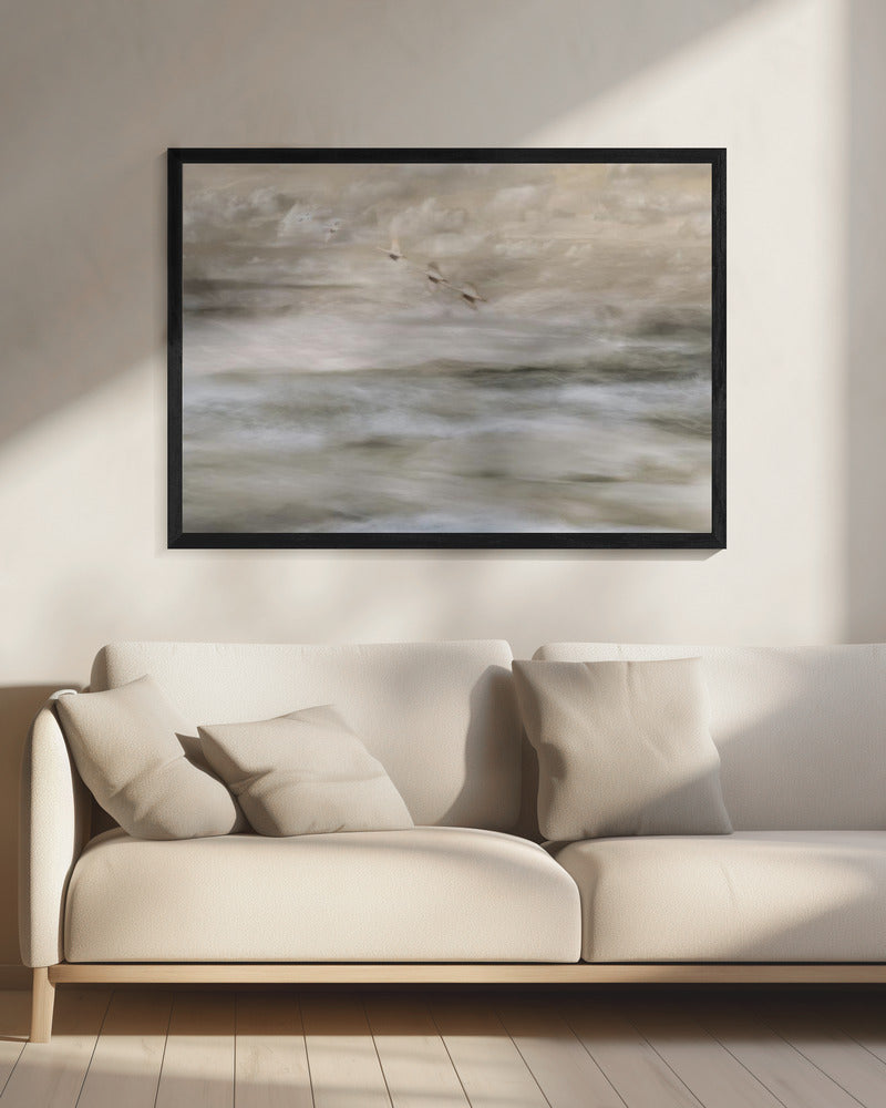 Artwork- Swans over sea-48X36inches-In White Floating Frame