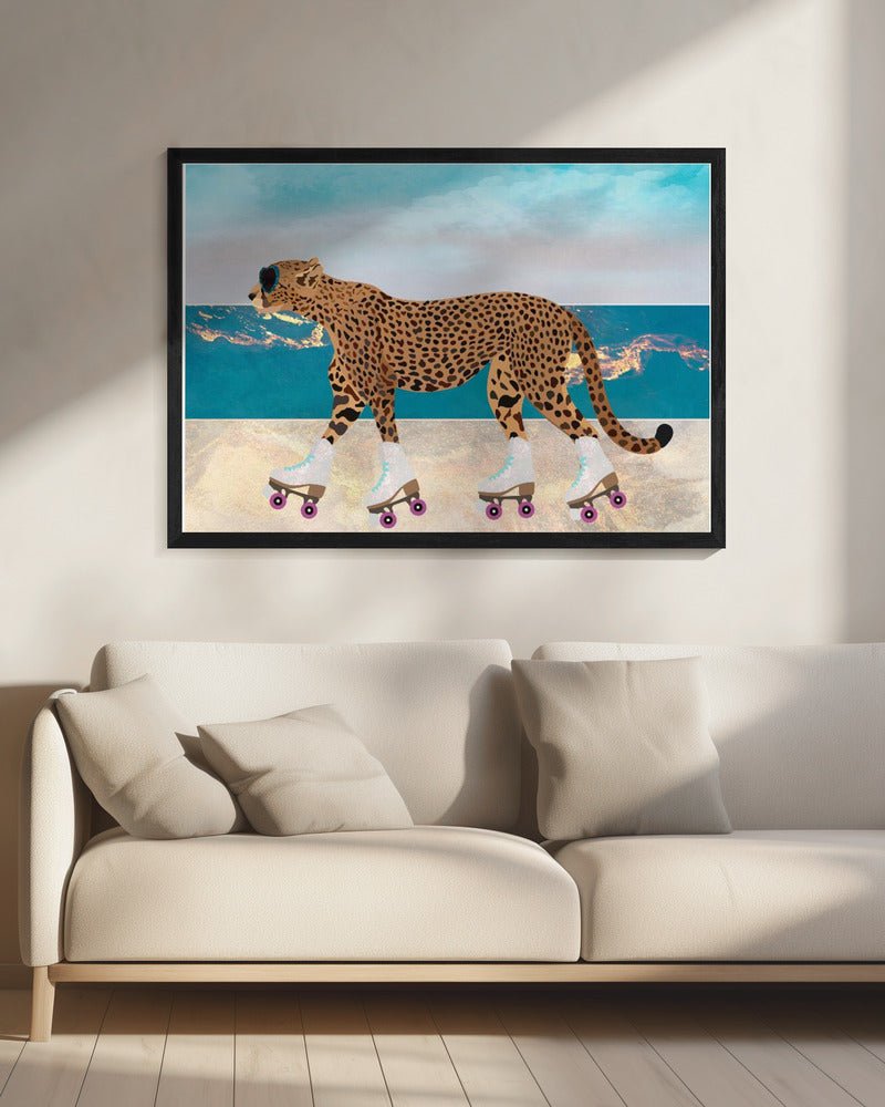 Artwork Cheetah Rollerskating Landscape Beach 0820X16inches- Black Frame