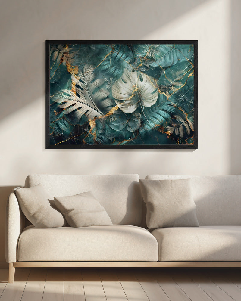 Artwork Jungle Leaves Art Illustration Wallart 2920X16inches- Black Frame
