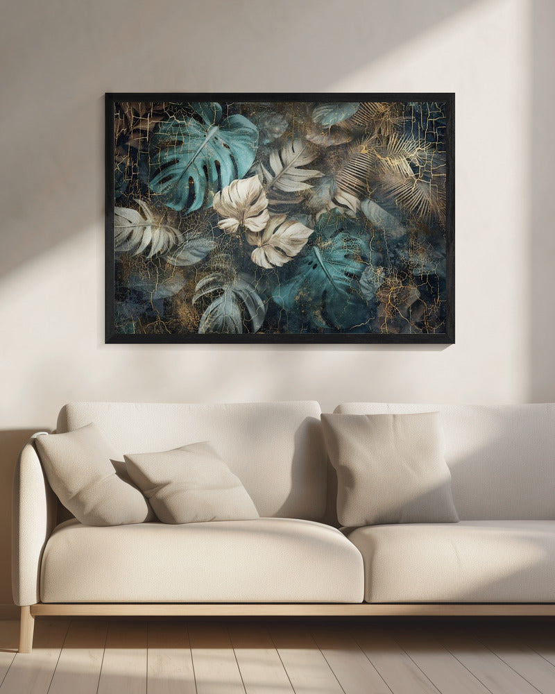 Artwork Jungle Leaves Art Illustration Wallart 3020X16inches- Black Frame