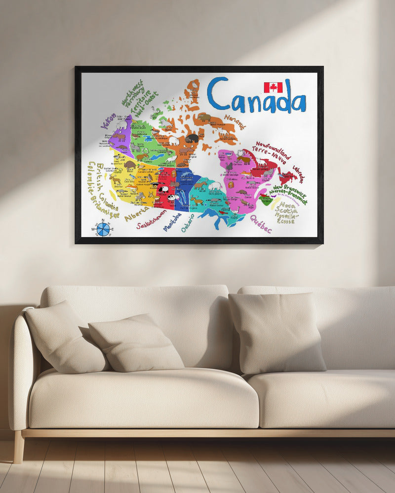Wall art Illustrated Map of Canada with Animals by Carla Daly-20X16inches-In Black Floating Frame