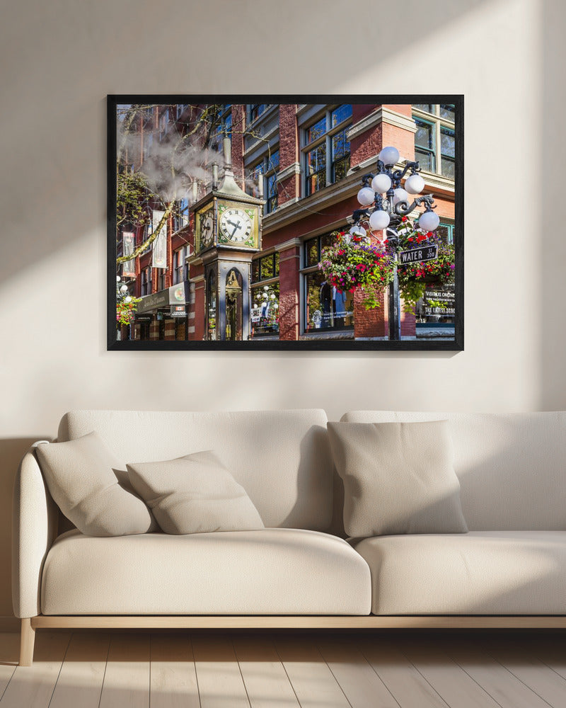 Wall art Historic Gastown Steam Clock in Vancouver-20X16inches-In Black Floating Frame