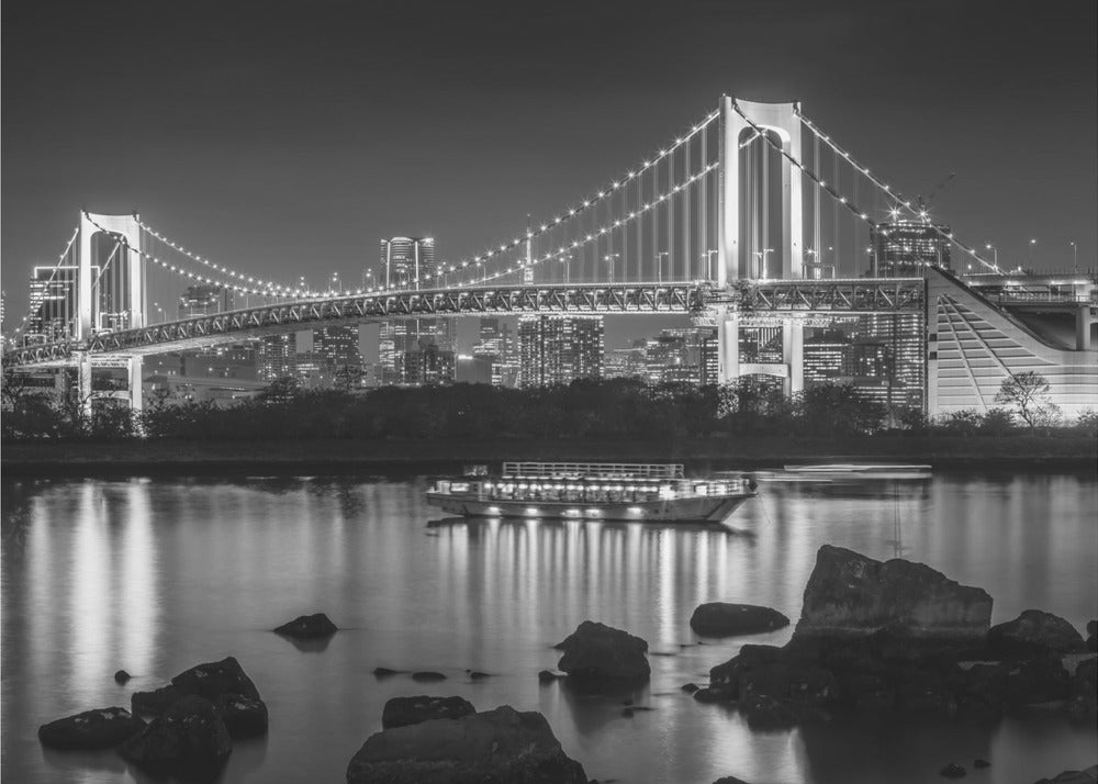 Charming Rainbow Bridge with Tokyo Skyline in the evening - monochrome panorama Wall Artwork In Black Floating Frame