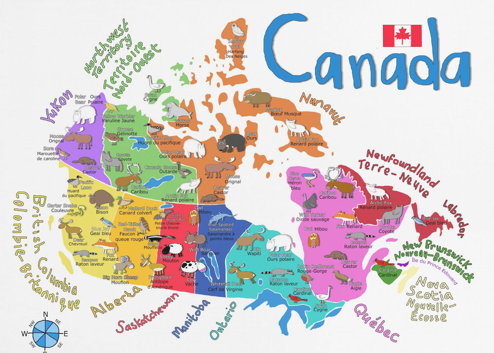 Wall art Illustrated Map of Canada with Animals by Carla Daly-48X36inches-Gallery Wrapped (Ready to Hang)