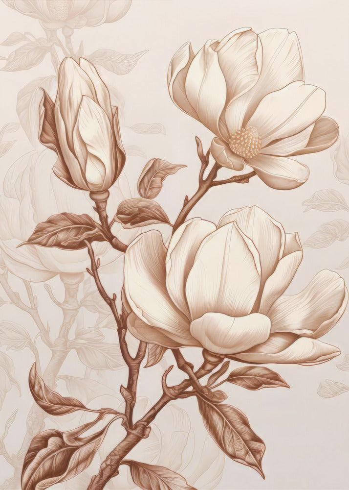 Beige Flowers 1 Wall Artwork Gallery Wrapped (Ready to Hang)