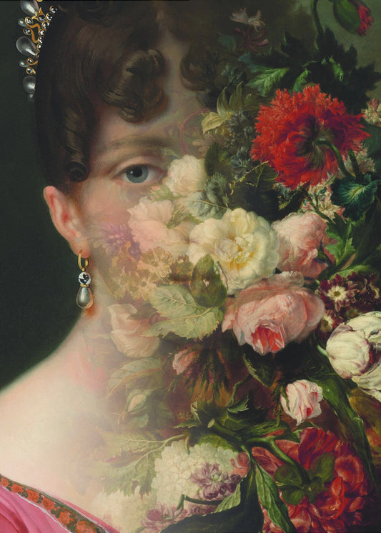 Portrait of Hortense de Beauharnais, queen of Holland with flower still life Wall Artwork In Black Floating Frame