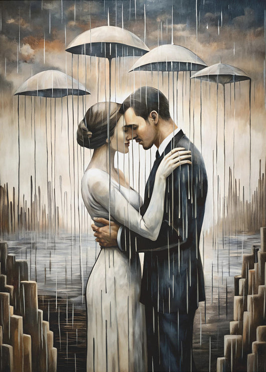 A Kiss Beneath the Floating Umbrellas Wall Artwork In Black Floating Frame