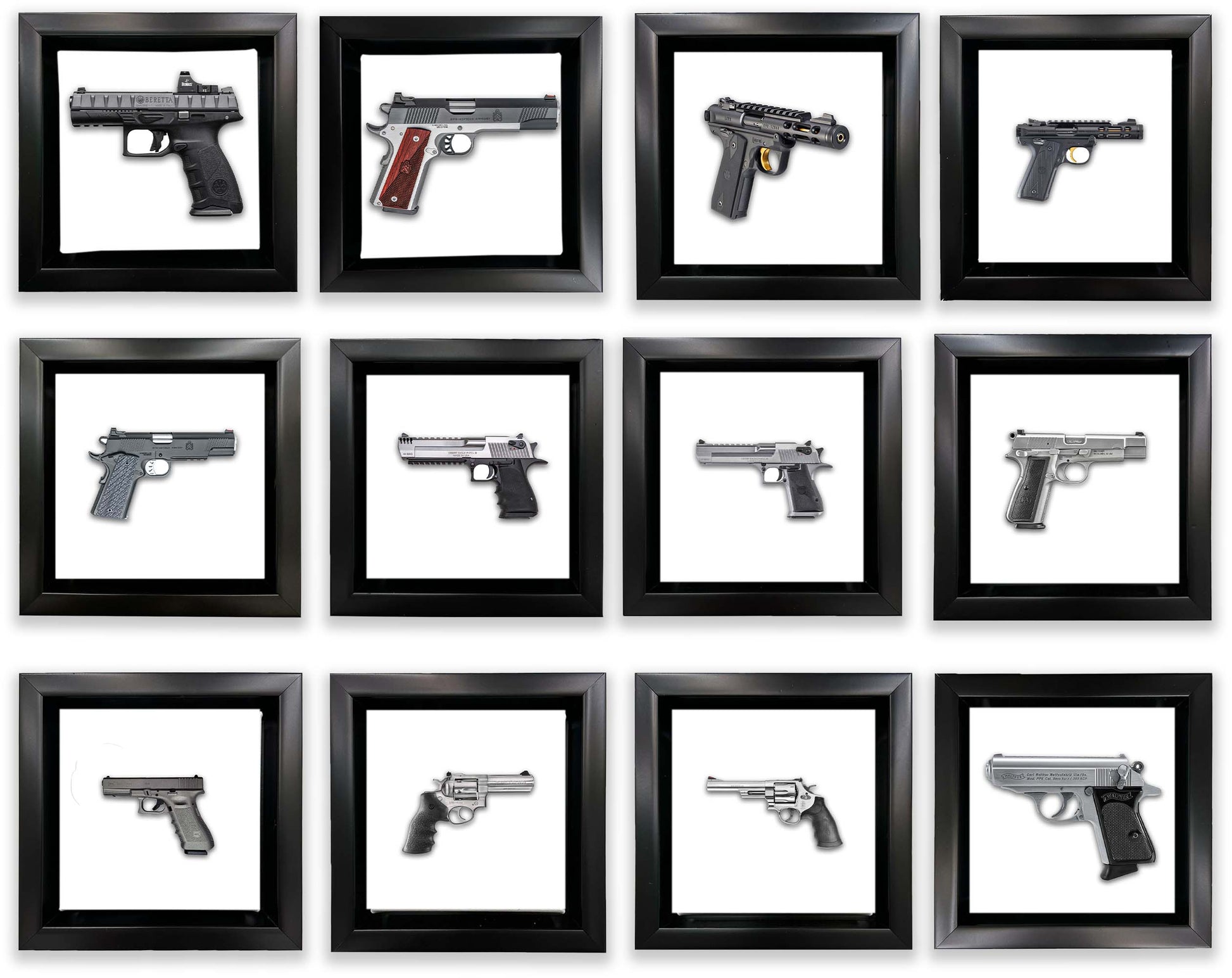 Wall art museum quality canvas art prints for home decoration  at GTA ART, the photo shows a set of 12 Mini Framed guns
