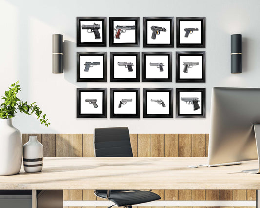 Wall art museum quality canvas art prints for home decoration  at GTA ART, the photo shows a set of 12 Mini Framed guns as a decoration in the office
