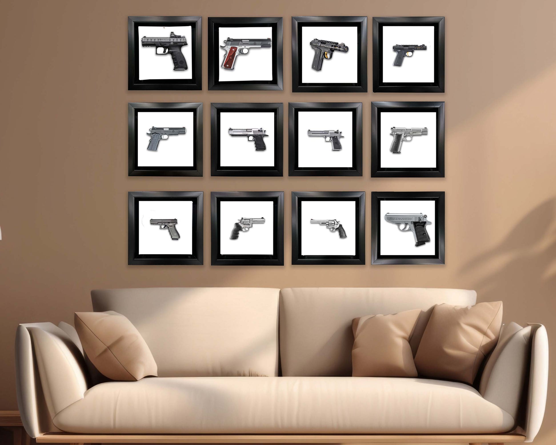 Wall art museum quality canvas art prints for home decoration  at GTA ART, the photo shows a set of 12 Mini Framed guns as  Livingroom decoration