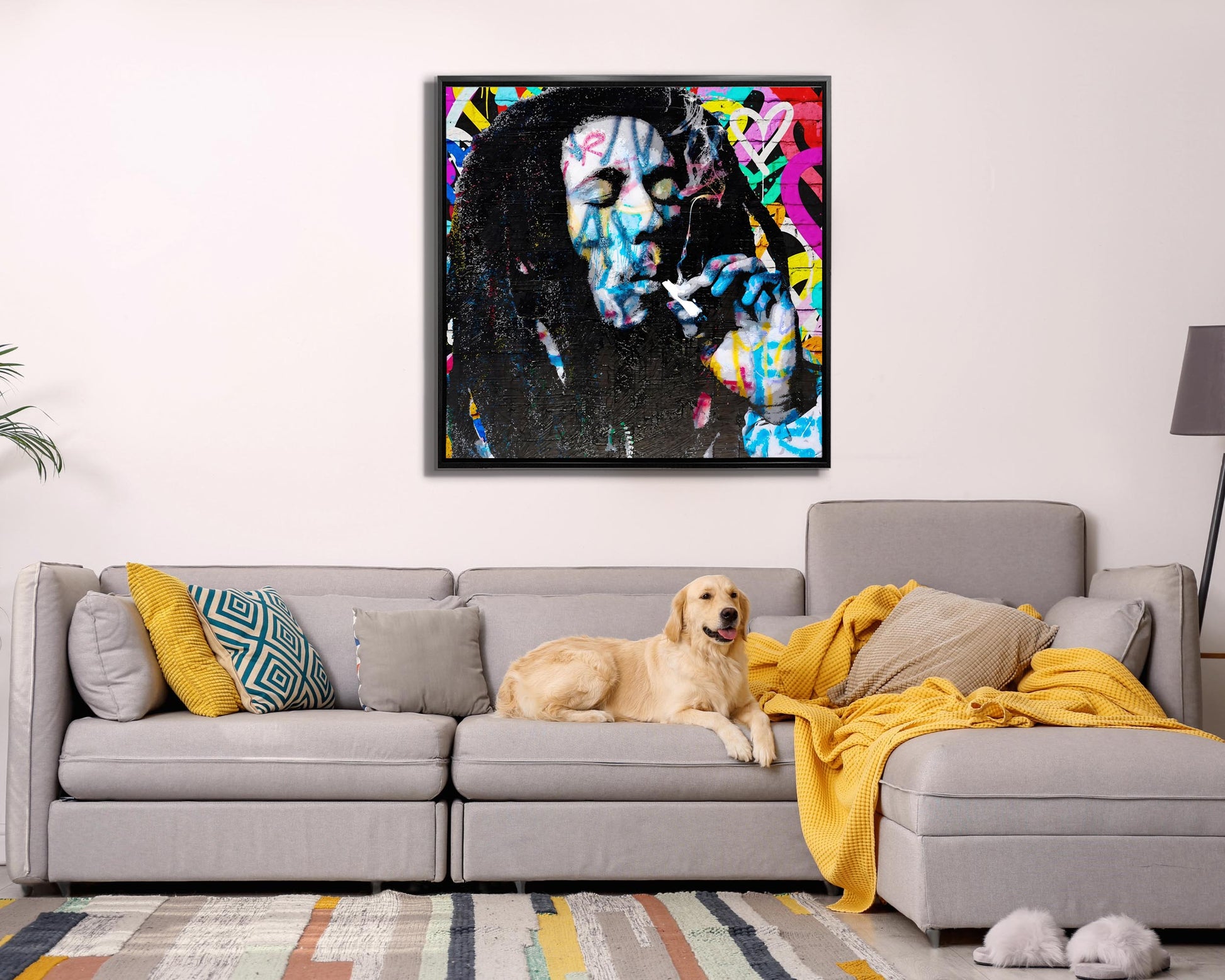 sample wall art bob marley over sofa
