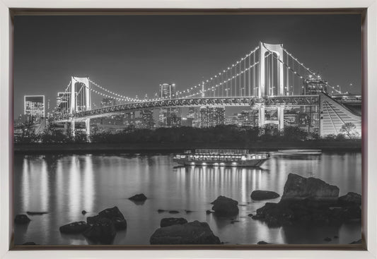 Gorgeous Rainbow Bridge with Tokyo Skyline in the evening - monochrome Wall Artwork In Black Floating Frame