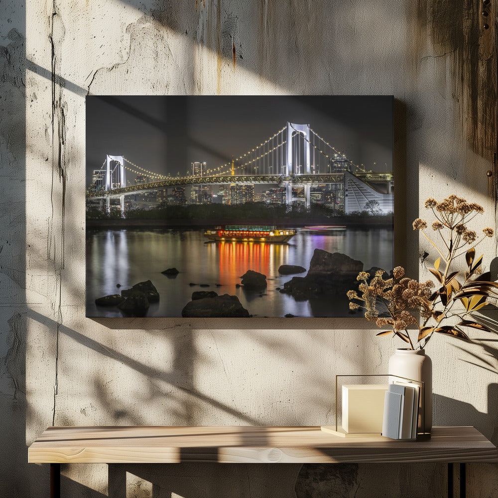 Charming Rainbow Bridge with Tokyo Skyline in the evening - Panorama Wall Artwork In White Floating Frame