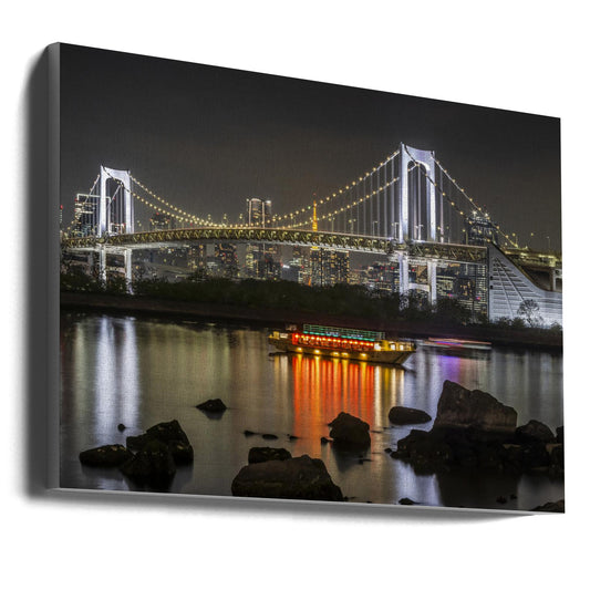 Charming Rainbow Bridge with Tokyo Skyline in the evening - Panorama Wall Artwork Gallery Wrapped (Ready to Hang)