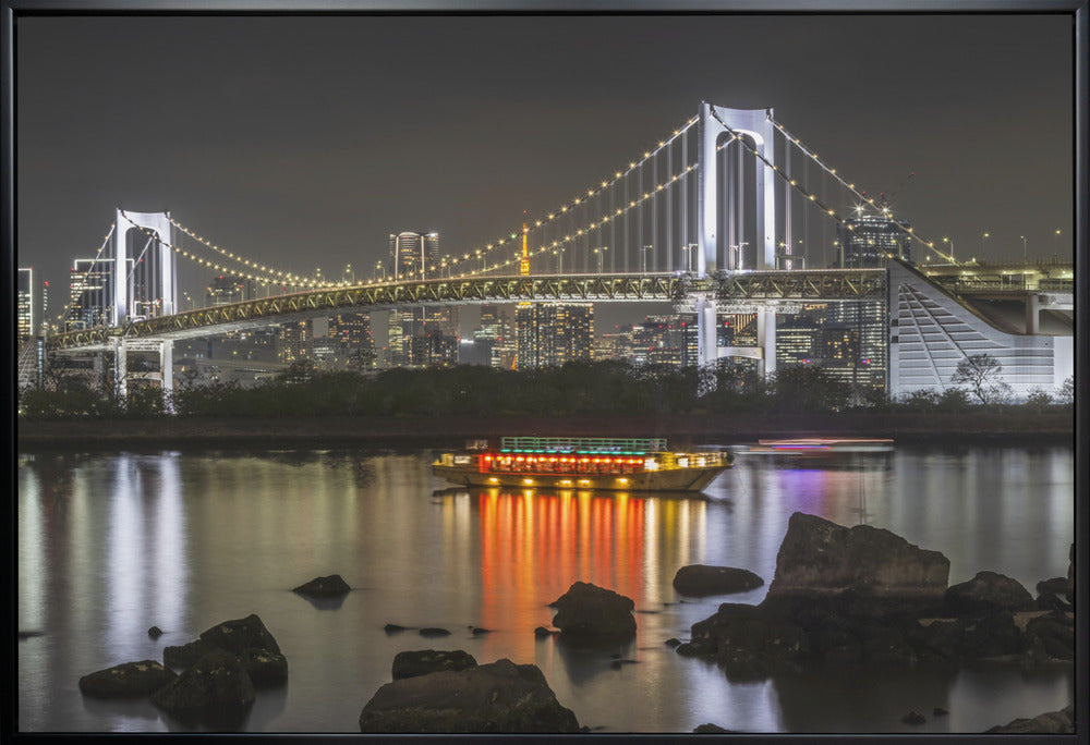 Charming Rainbow Bridge with Tokyo Skyline in the evening - Panorama Wall Artwork Gallery Wrapped (Ready to Hang)