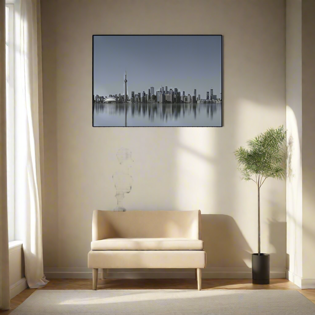 Framed cityscape artwork of Toronto on a wall above a beige sofa with a plant to the right.
