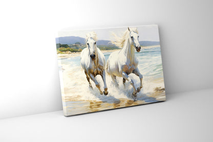 2 White Stallions 48" x 36" Fine Art Canvas