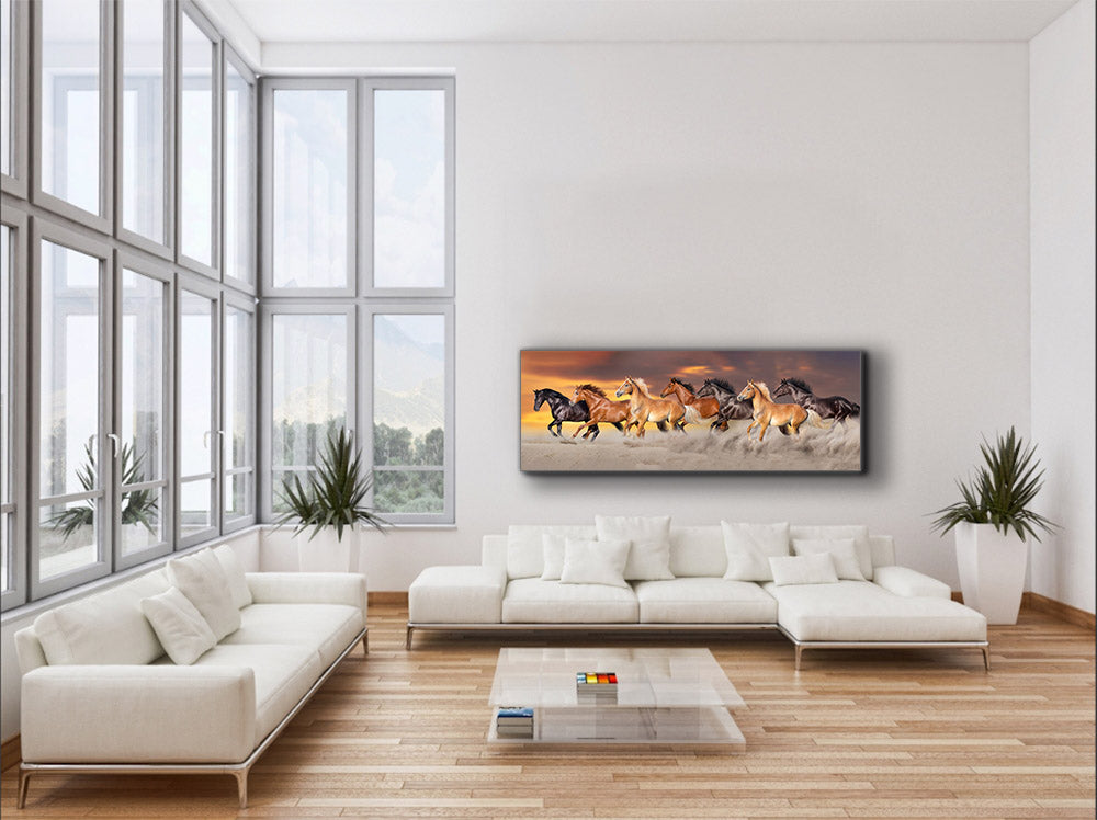 Team of 7 Horses- Wildlife Canvas Art - Gold varnish