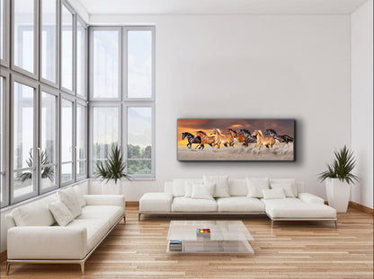Team of 7 Horses- Wildlife Canvas Art - Gold varnish
