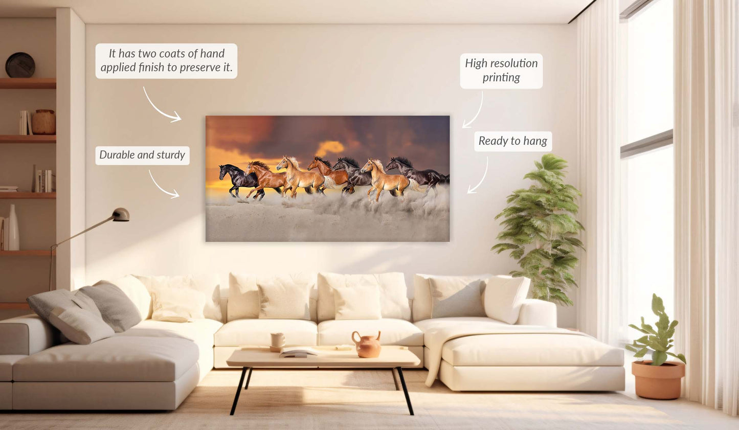 Team of 7 Horses- Wildlife Canvas Art - Gold varnish