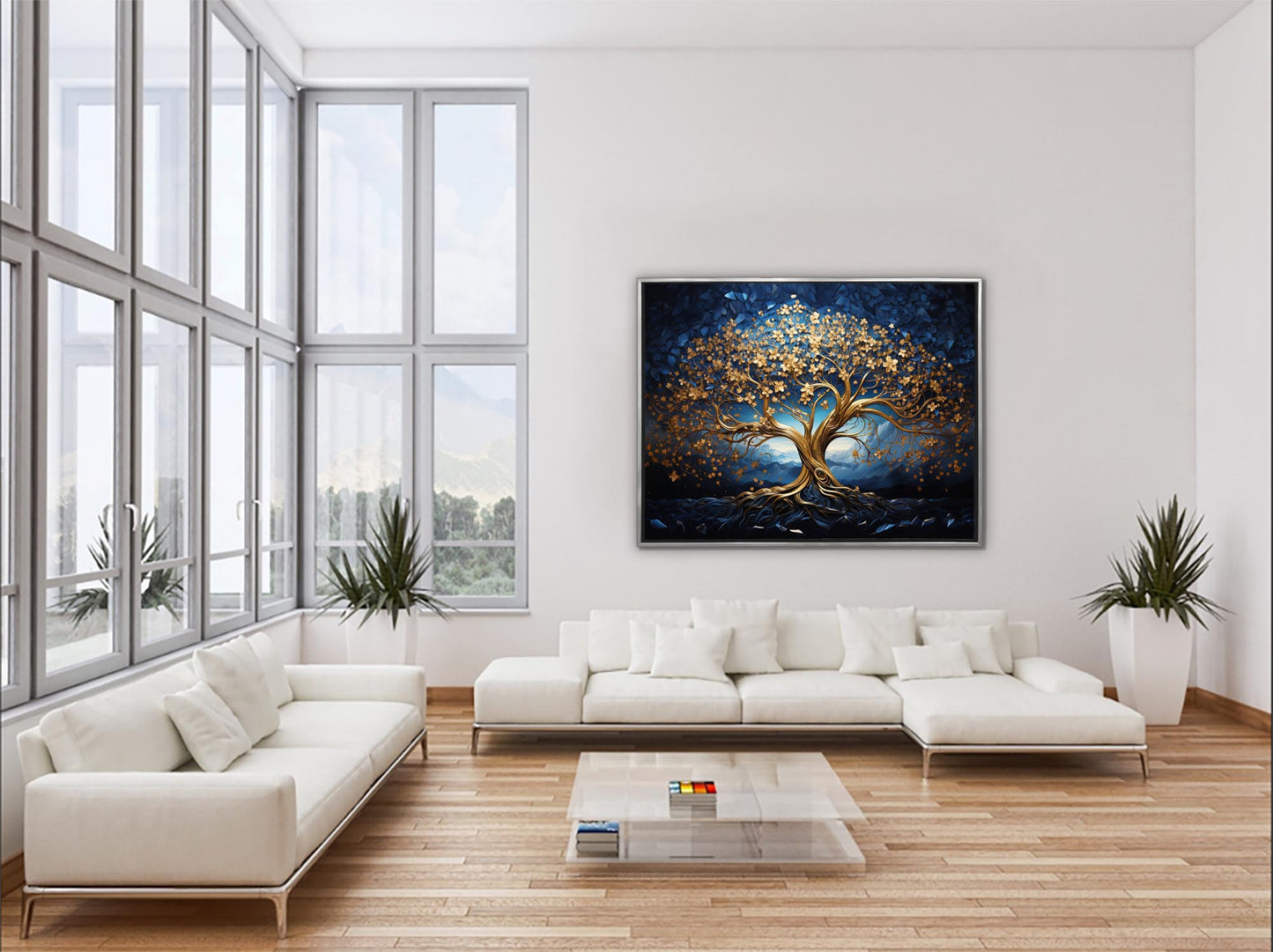 Example of art in the living room - Tree of Life canvas print- wall art with silver frame-GTAART.ca