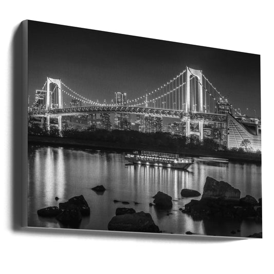  Charming Rainbow Bridge with Tokyo Skyline in the evening - monochrome panorama Wall Artwork Gallery Wrapped (Ready to Hang)