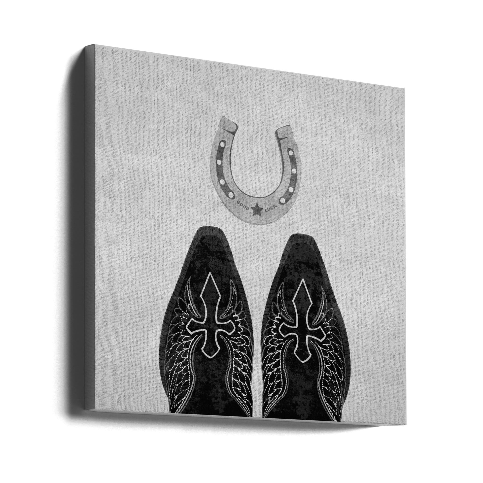  Bw Cowboy Boots and Horseshoe Wall Artwork In White Floating Frame