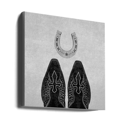  Bw Cowboy Boots and Horseshoe Wall Artwork In White Floating Frame