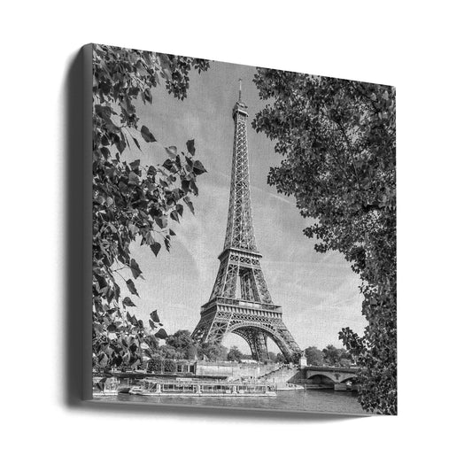  PARIS Eiffel Tower &amp; River Seine - Monochrome Wall Artwork Gallery Wrapped (Ready to Hang)