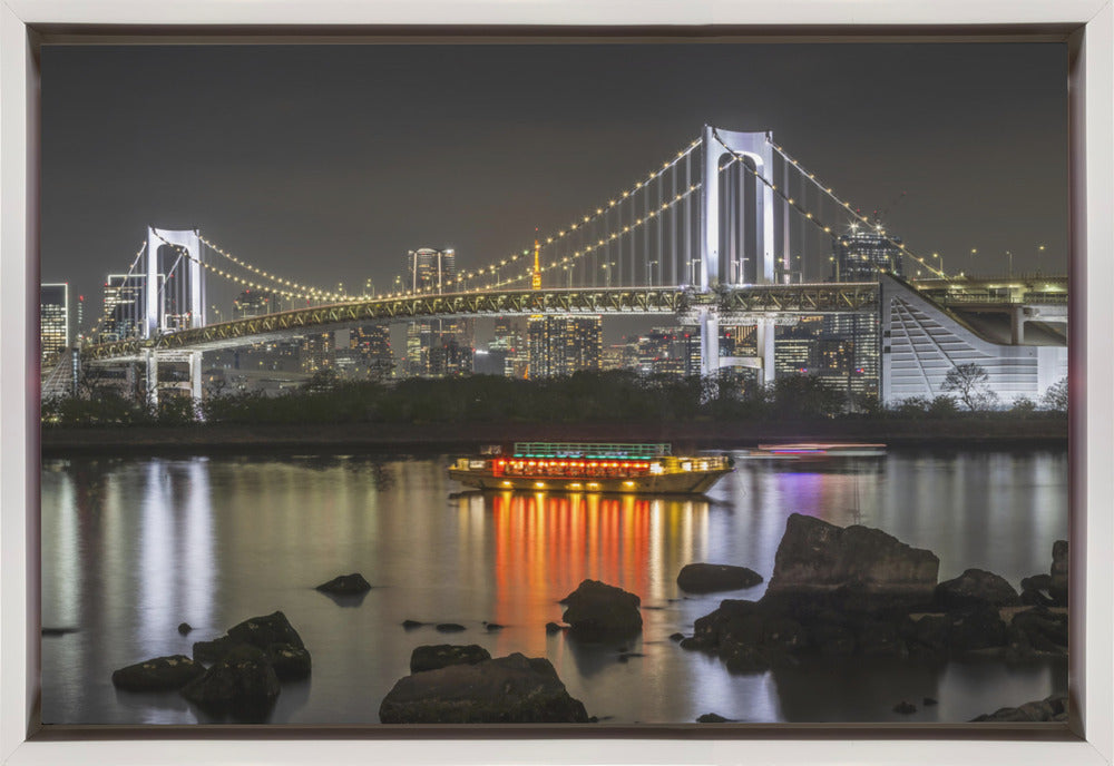  Striking Rainbow Bridge with Tokyo Skyline in the evening - Panorama Wall Artwork In Black Floating Frame