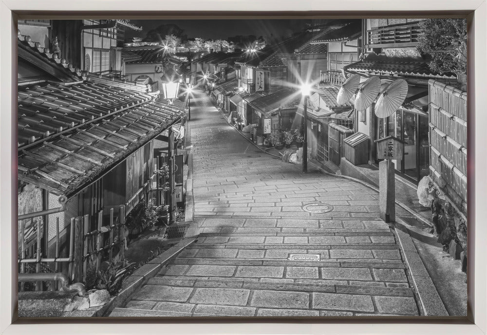  Ninen-zaka in historic Kyoto in the evening - monochrome Wall Artwork In Black Floating Frame