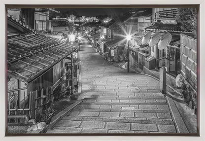  Ninen-zaka in historic Kyoto in the evening - monochrome Wall Artwork In Black Floating Frame