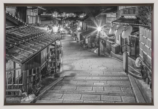  Ninen-zaka in historic Kyoto in the evening - monochrome Wall Artwork In Black Floating Frame