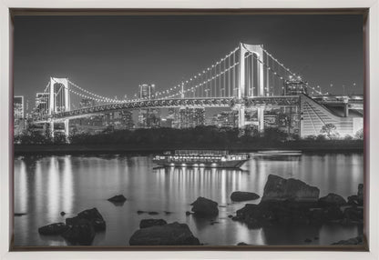  Charming Rainbow Bridge with Tokyo Skyline in the evening - monochrome panorama Wall Artwork In Black Floating Frame