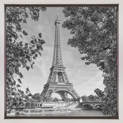  PARIS Eiffel Tower &amp; River Seine - Monochrome Wall Artwork In Black Floating Frame