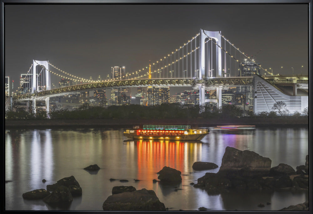  Striking Rainbow Bridge with Tokyo Skyline in the evening - Panorama Wall Artwork Gallery Wrapped (Ready to Hang)