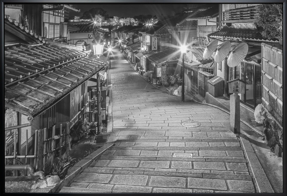  Ninen-zaka in historic Kyoto in the evening - monochrome Wall Artwork Gallery Wrapped (Ready to Hang)