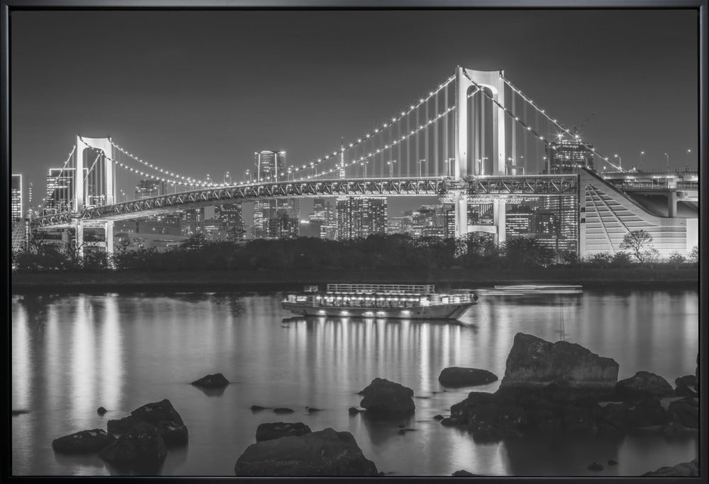  Charming Rainbow Bridge with Tokyo Skyline in the evening - monochrome panorama Wall Artwork Gallery Wrapped (Ready to Hang)