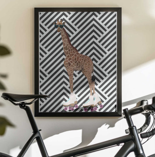 Wall art Giraffe Rollerskates retro