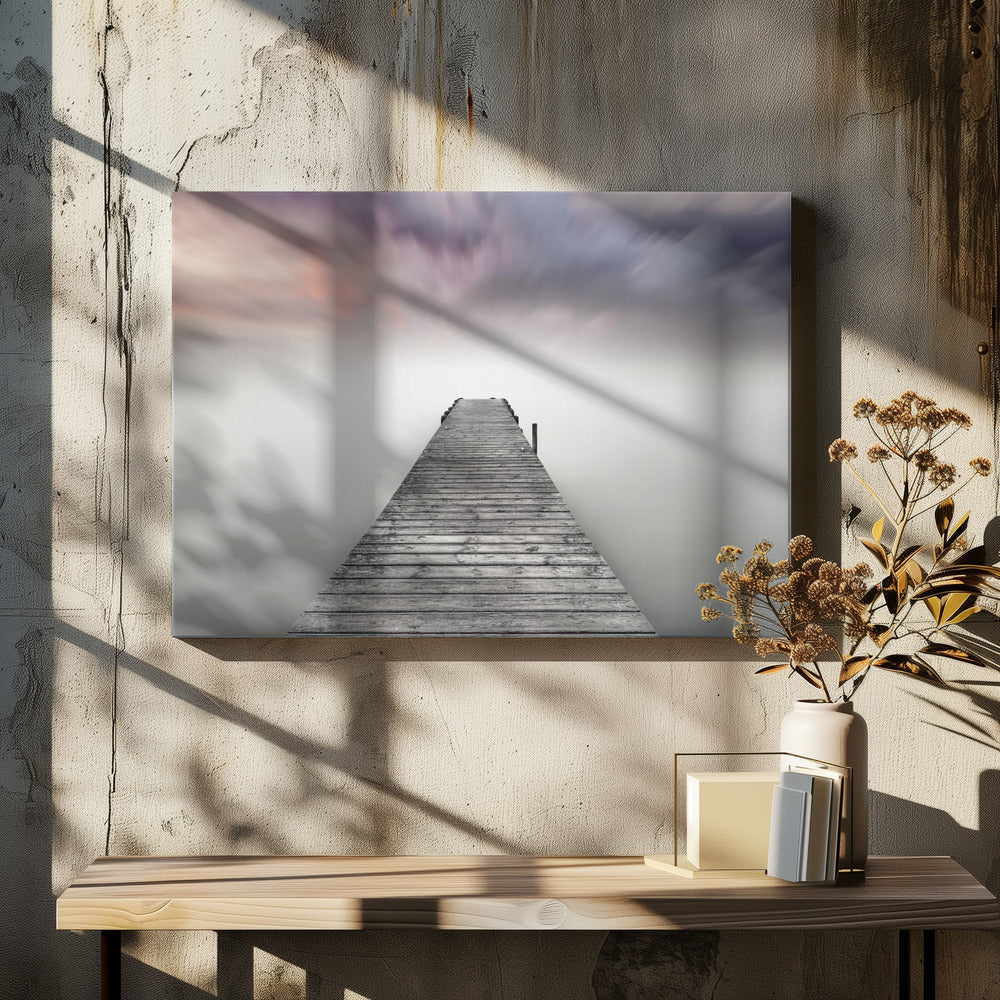  Quay Pier in Fog Wall Artwork In Black Floating Frame
