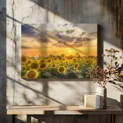  Sunflower field at sunset | Panoramic View Wall Artwork In White Floating Frame