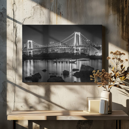  Charming Rainbow Bridge with Tokyo Skyline in the evening - monochrome panorama Wall Artwork In White Floating Frame