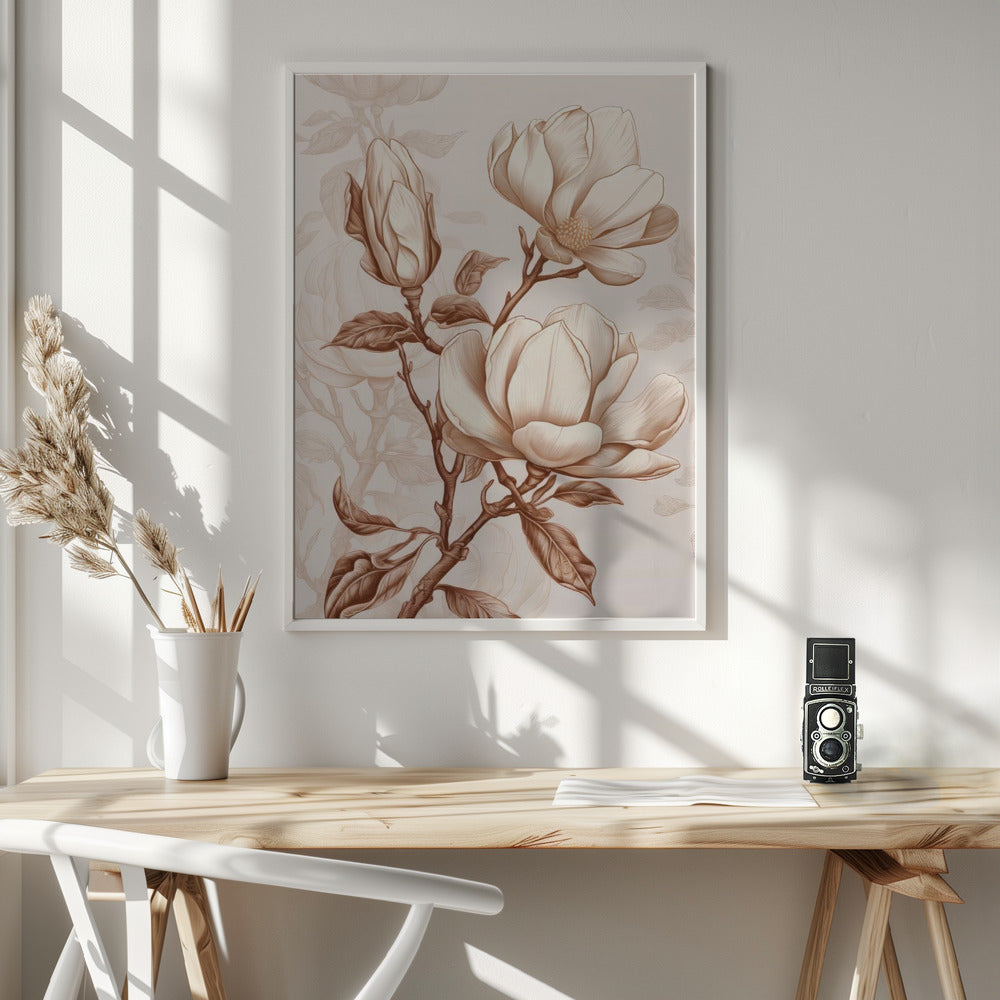  Beige Flowers 1 Wall Artwork In White Floating Frame